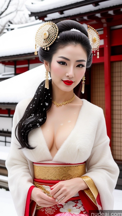 ai nude image of araffe asian woman in kimono dress posing for a picture pics of Lipstick Pubic Hair Perfect Body Seductive Japanese Geisha Diamond Jewelry Gold Jewelry Snow