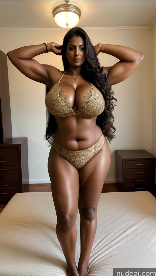 ai nude image of araffe woman in a gold bikini posing on a bed pics of Milf One Huge Boobs Big Ass Thick Long Hair Indian Sexy Face Beautiful Tall Dark Skin Tattoos 60s Seductive Brunette Muscular Blouse Sari Front View T-pose Bedroom Fat