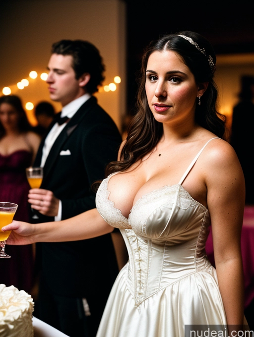 ai nude image of bride holding a glass of champagne in front of a cake pics of Busty Big Ass Fairer Skin Brunette Messy White Film Photo Dark Lighting Detailed Several Thick 20s Party Victorian Wedding Dress Cleavage Woman