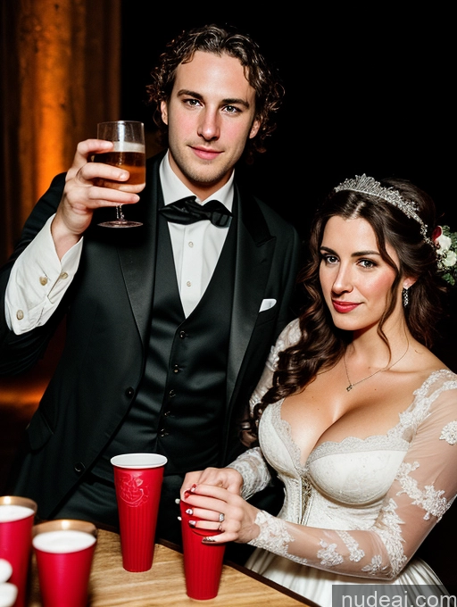 ai nude image of bride and groom holding up cups of beer at a party pics of Busty Big Ass Fairer Skin Brunette Messy White Film Photo Dark Lighting Detailed Several Thick 20s Party Victorian Wedding Dress Cleavage Woman