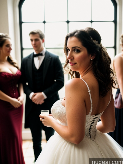 ai nude image of bride in a white dress holding a glass of wine in front of a group of people pics of Busty Big Ass Fairer Skin Brunette Messy White Film Photo Dark Lighting Detailed Several Thick 20s Party Victorian Wedding Dress Cleavage Woman