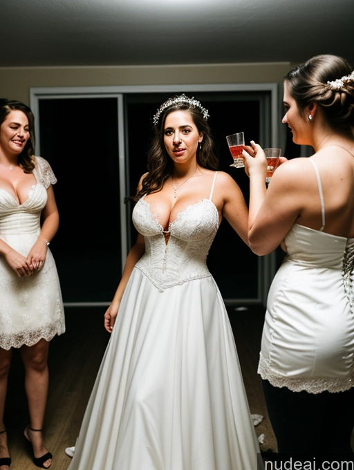 ai nude image of bridesmaid in white dresses holding a glass of wine and looking at her bridesmaid pics of Busty Big Ass Fairer Skin Brunette Messy White Film Photo Dark Lighting Detailed Several Thick 20s Party Victorian Wedding Dress Cleavage Woman