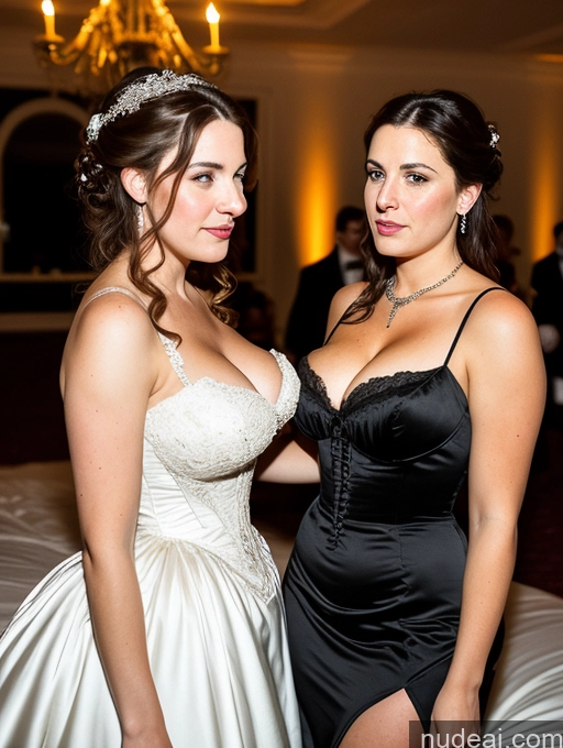 ai nude image of two women in dresses standing next to each other in a room pics of Busty Big Ass Fairer Skin Brunette Messy White Film Photo Dark Lighting Detailed Several Thick 20s Party Victorian Wedding Dress Cleavage Woman