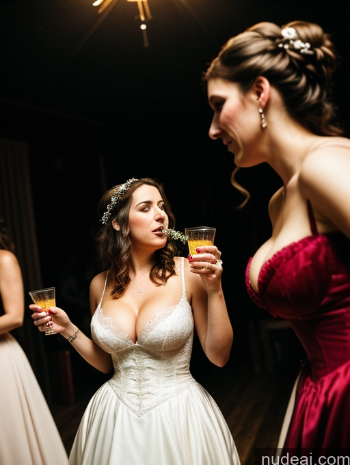 ai nude image of bride in a white dress holding a glass of wine and another woman in a red dress pics of Busty Big Ass Fairer Skin Brunette Messy White Film Photo Dark Lighting Detailed Several Thick 20s Party Victorian Wedding Dress Cleavage Woman