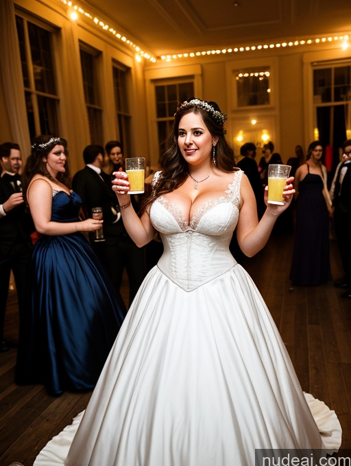 ai nude image of bride in a white gown holding a glass of orange juice pics of Busty Big Ass Fairer Skin Brunette Messy White Film Photo Dark Lighting Detailed Several 20s Party Victorian Wedding Dress Cleavage Woman Chubby Big Hips