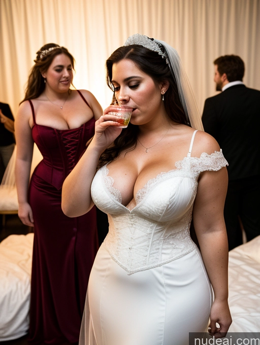 ai nude image of bride drinking wine in wedding dress while other brides look on pics of Busty Big Ass Fairer Skin Brunette Messy White Film Photo Dark Lighting Detailed Several 20s Party Victorian Wedding Dress Cleavage Woman Chubby Big Hips Transparent