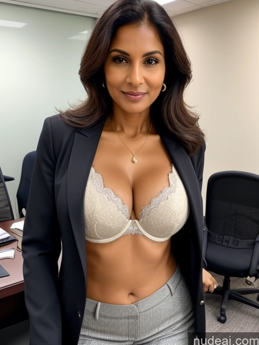 ai nude image of sexy woman in a suit posing in an office with a desk pics of Milf Perfect Boobs Beautiful Perfect Body Dark Skin 60s Indian Bra Casual Jacket Professor Stylish Suit Cleavage Detailed Sexy Face Office