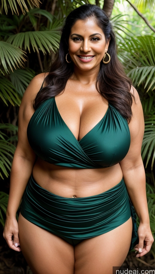 ai nude image of a close up of a woman in a green bikini posing for a picture pics of Milf Busty Huge Boobs Beautiful Muscular Big Ass Abs Thick Big Hips Tall Dark Skin 50s Indian Dark Lighting Sexy Face Ponytail Close-up View Brunette T-pose Tattoos Fat Jungle Happy Blouse Sari