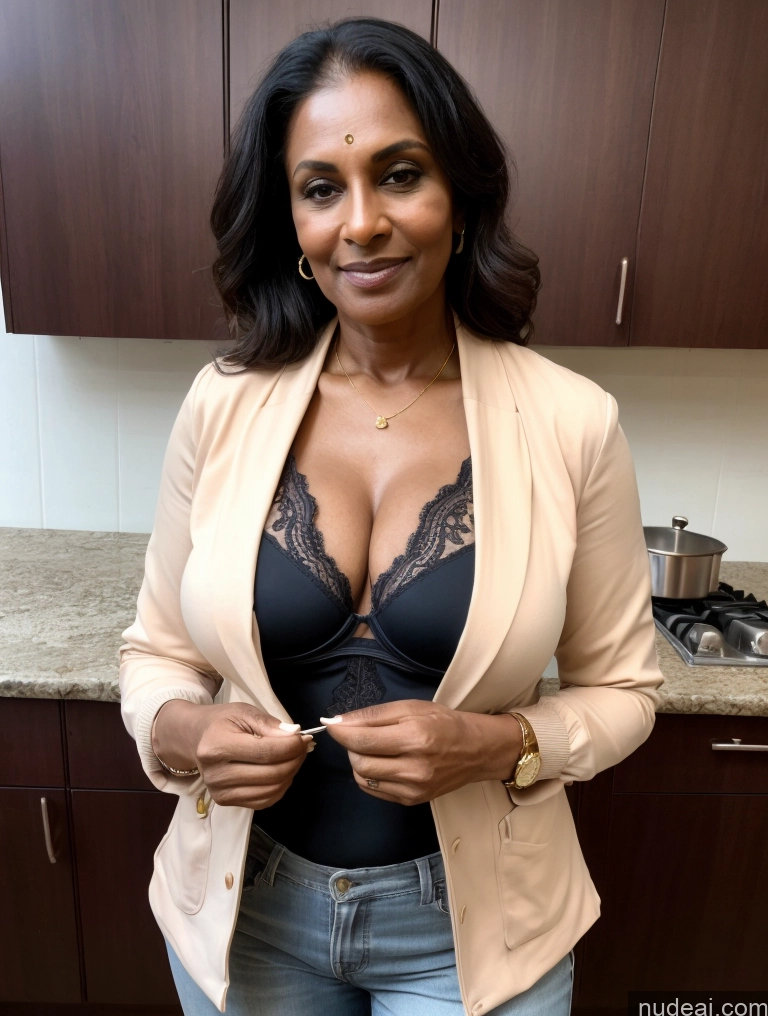 ai nude image of there is a woman in a black bra top and a tan jacket pics of Milf Perfect Boobs Beautiful Perfect Body Dark Skin 60s Indian Kitchen Bra Casual Jacket Professor Stylish Suit Cleavage Detailed Sexy Face