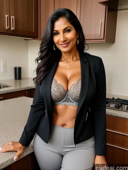 ai nude image of sexy woman in a black jacket and grey pants posing in a kitchen pics of Milf Perfect Boobs Beautiful Perfect Body Dark Skin 60s Indian Kitchen Bra Casual Jacket Professor Stylish Suit Cleavage Detailed Sexy Face