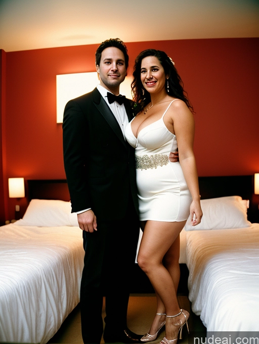 ai nude image of they are posing for a picture in a hotel room pics of Several Busty Big Ass Fairer Skin Brunette Messy White Film Photo Party Dress Wedding Cleavage Dark Lighting Detailed Woman + Man Chubby Big Hips 30s Stylish