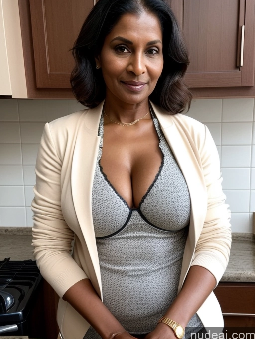 ai nude image of there is a woman standing in a kitchen holding a knife pics of Milf Perfect Boobs Beautiful Perfect Body Dark Skin 70s Indian Kitchen Bra Casual Jacket Professor Stylish Suit Cleavage Detailed Sexy Face