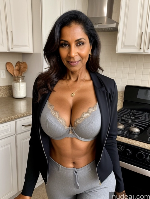 ai nude image of arafed woman in a black jacket and grey pants posing for a picture pics of Milf Perfect Boobs Beautiful Perfect Body Dark Skin 70s Indian Kitchen Bra Casual Jacket Professor Stylish Suit Cleavage Detailed Sexy Face