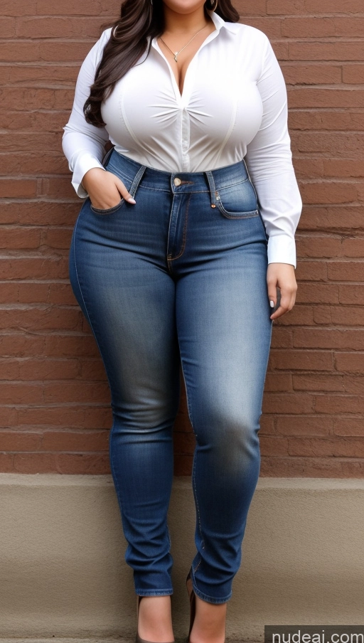 ai nude image of a woman in a white shirt and jeans leaning against a brick wall pics of Busty Brunette Long Hair Beautiful Big Hips Big Ass Shirt Jeans Chubby Indian Leather