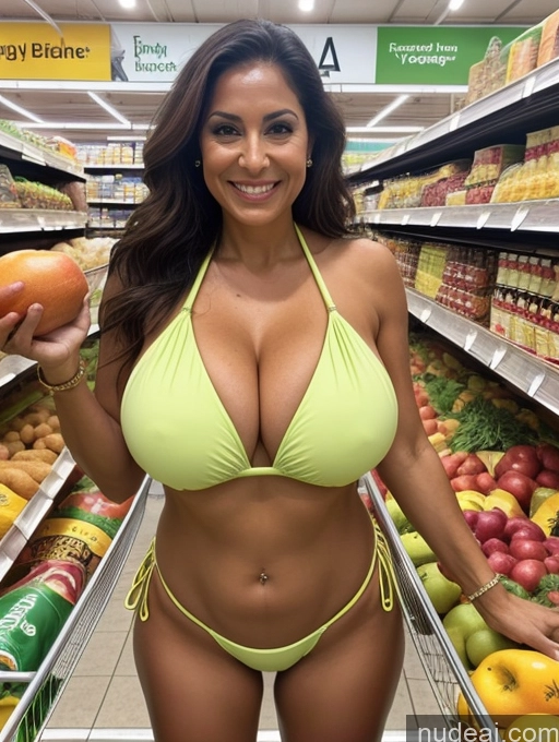 ai nude image of arafed woman in a bikini holding a fruit and a bag of oranges pics of One Busty Huge Boobs Tanned Skin 70s Front View Microkini Thong Brazilian Grocery