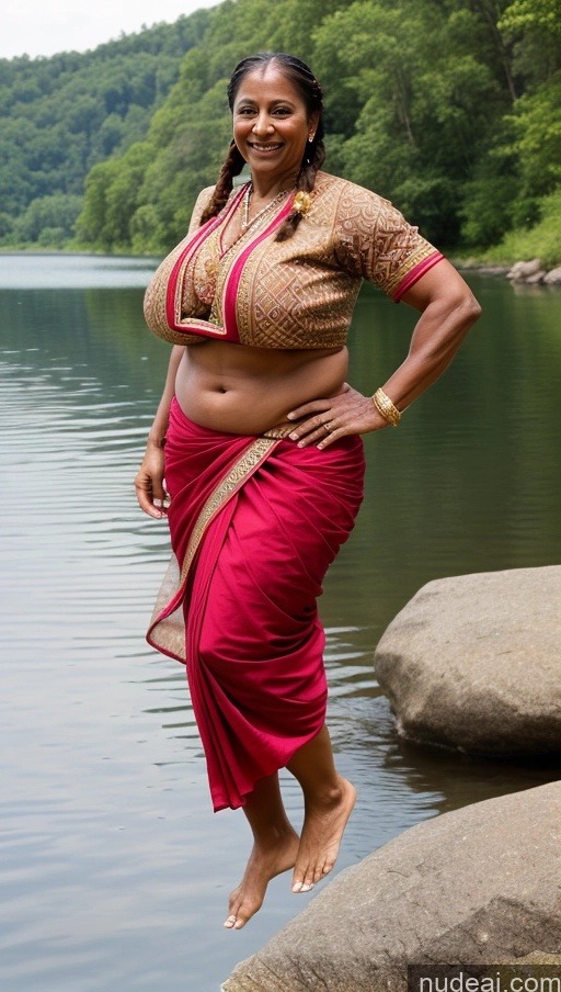 ai nude image of there is a woman standing on a rock by the water pics of Milf Huge Boobs Beautiful Tattoos Muscular Big Ass Abs Thick Big Hips Tall Dark Skin 50s Laughing Ginger Braided Indian Sexy Face Busty Blouse Sari Front View Lake Jumping