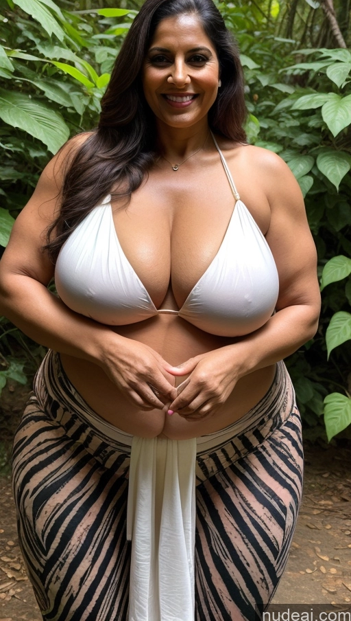 ai nude image of araffe woman in a white bikini posing for a picture pics of Milf Busty Huge Boobs Beautiful Tattoos Muscular Big Ass Thick Big Hips Tall Dark Skin Indian Sexy Face 70s Long Hair Brunette T-pose Front View Happy Bikini Sari Jungle Fat