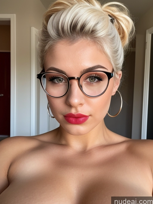 ai nude image of blond woman with glasses and a red lipstick posing for a picture pics of Huge Boobs White Hair Hair Bun 18 Thin Round Glasses Nude Pouting Lips Abs Lipstick