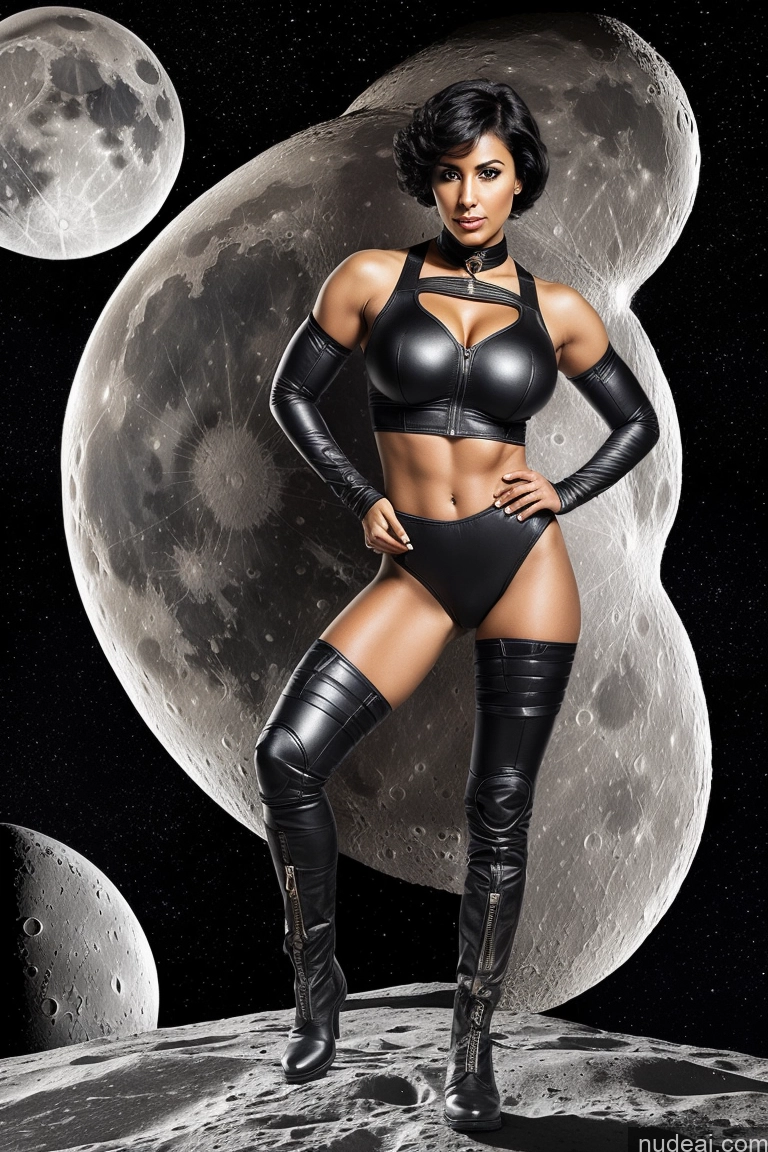 related ai porn images free for Superheroine One Perfect Boobs Muscular Thick Big Ass Dark Skin 30s Serious Black Hair Short Hair Arabic Surrealist Moon Front View Choker Crop Top Bomber Boots