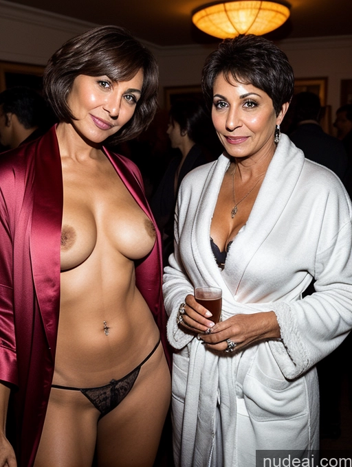 ai nude image of there are two women in robes posing for a picture together pics of Milf Several Perfect Boobs Beautiful Perfect Body Pubic Hair Short Hair Dark Skin 60s Arabic Party Bathrobe Bra Professor Secretary Stylish Partially Nude Dark Lighting Detailed Sexy Face