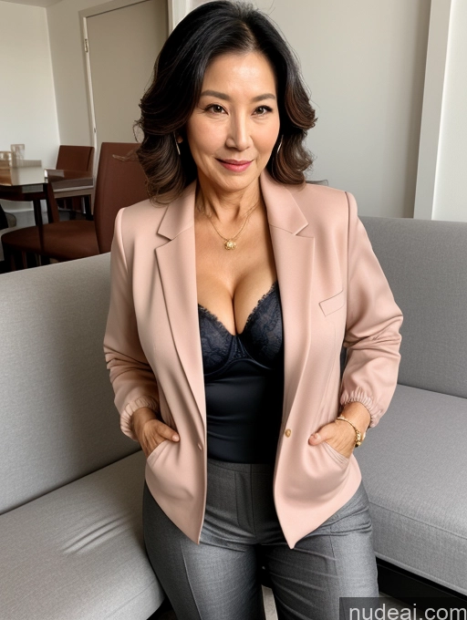 ai nude image of arafed woman in a pink jacket and grey pants posing for a picture pics of Milf Perfect Boobs Beautiful Perfect Body Korean Couch Bra Casual Jacket Professor Stylish Suit Cleavage Detailed Sexy Face 70s