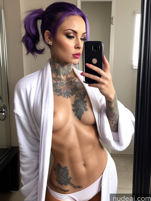 ai nude image of arafed woman with purple hair taking a selfie in a bathroom pics of Woman One Skinny Short 20s Seductive Pouting Lips Mirror Selfie Bathroom Front View Detailed Sexy Face Small Tits Tattoos Abs Purple Hair Ponytail British Bathrobe