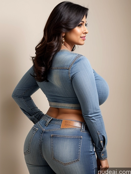 ai nude image of araffe woman in jeans posing for a picture in a studio pics of Huge Boobs Beautiful Big Ass Indian Blouse Jeans 30s Side View