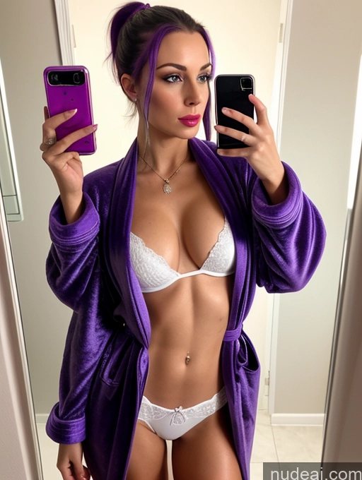 related ai porn images free for Woman One Skinny Short 20s Seductive Pouting Lips Mirror Selfie Bathroom Front View Detailed Sexy Face Small Tits Abs Purple Hair Ponytail British Bathrobe Bra Thong Fairer Skin Jewelry