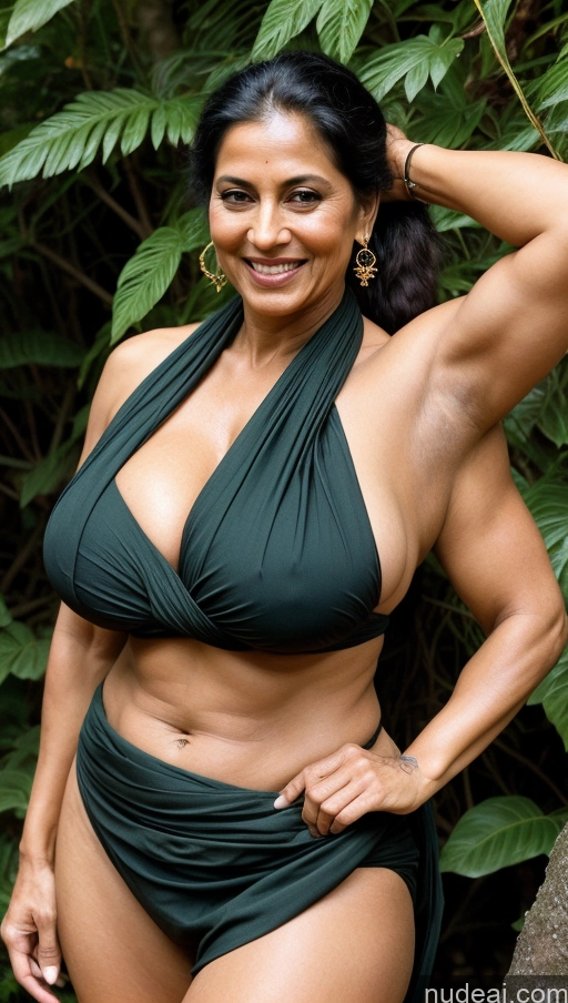 ai nude image of arafed woman in a green bikini posing for a picture pics of Milf Huge Boobs Beautiful Tattoos Muscular Big Ass Abs Thick Big Hips Tall Dark Skin 60s Sexy Face Happy Indian Black Hair Ponytail Jungle T-pose Close-up View Sari