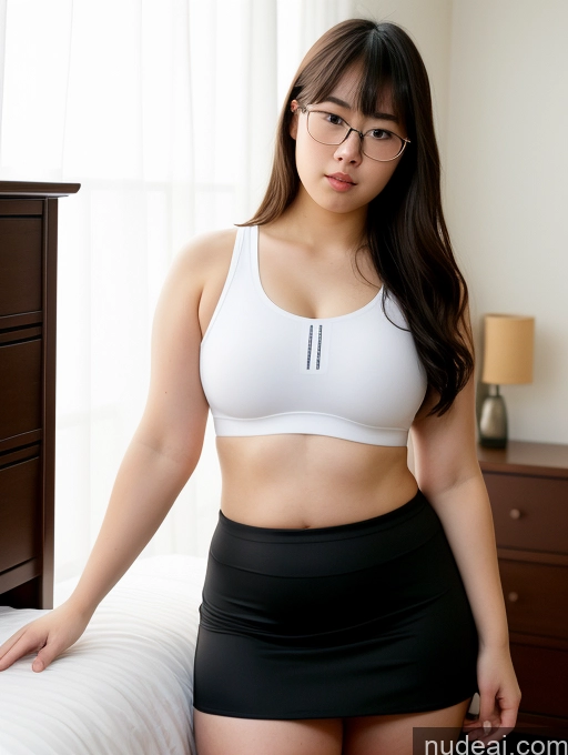 ai nude image of there is a woman in a white top and black skirt posing on a bed pics of Small Tits Short Fairer Skin 18 Serious Black Hair Bangs Japanese Glasses Fat Bedroom Muffin Top Mini Skirt Sports Bra Thick Chubby Big Ass Big Hips Athlete