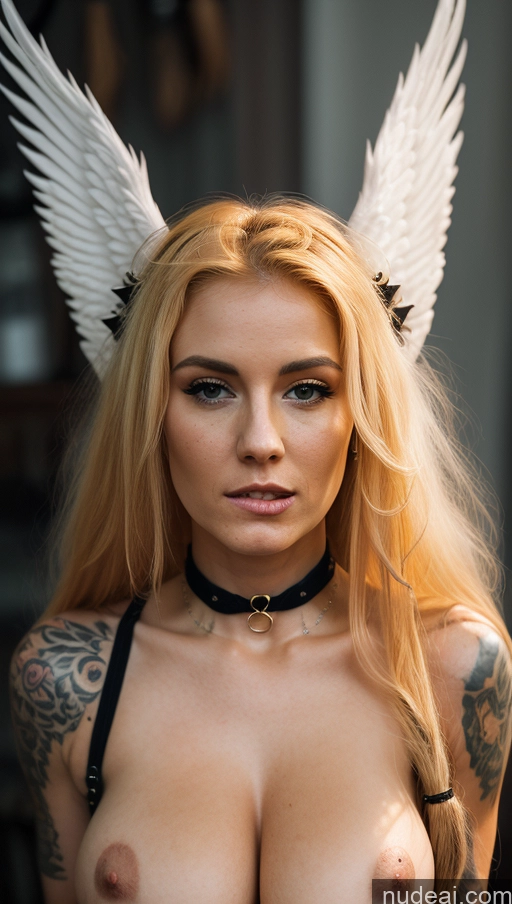 ai nude image of arafed woman with angel wings and a choker posing for a picture pics of Perfect Boobs Tattoos Perfect Body Long Hair Fairer Skin Brazilian Angel Choker Dominatrix Detailed Woman Beautiful Busty Abs 20s Hell Thick Biting Lip Serious AliceDV Blonde