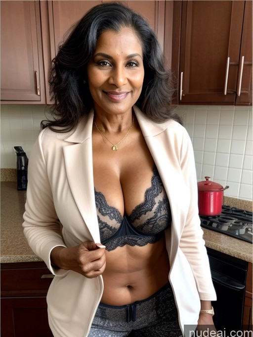 ai nude image of arafed woman in a white jacket and black panties posing for a picture pics of Milf Perfect Boobs Beautiful Perfect Body Dark Skin 70s Indian Kitchen Bra Casual Jacket Professor Stylish Suit Cleavage Detailed Sexy Face