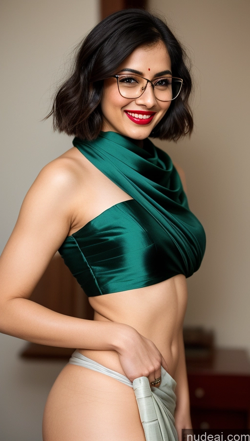 ai nude image of there is a woman in a green top and glasses posing for a picture pics of Woman Lipstick Small Ass Thick Pubic Hair Fairer Skin 20s Happy Black Hair Bobcut Sari Perfect Boobs Perfect Body Glasses