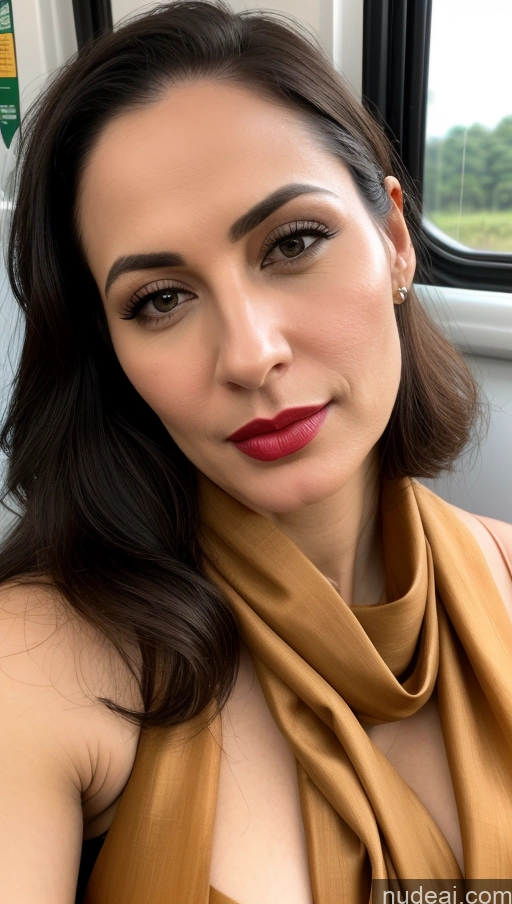 ai nude image of arafed woman with a scarf on sitting in a bus pics of Woman One Small Tits Lipstick Fairer Skin Black Hair Close-up View Detailed Slicked Skin Detail (beta) Beautiful Train White 40s Sari