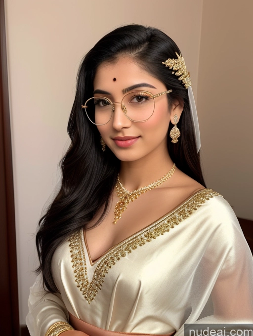 ai nude image of araffe woman in a white sari and gold jewelry pics of Sorority Thin Round Glasses Traditional Stylish Sari Angel One Beautiful Fairer Skin Perfect Body Lipstick 18 Black Hair Ponytail Indian Skin Detail (beta) Diamond Jewelry Gold Jewelry Jewelry Cleavage Detailed Simple Wedding