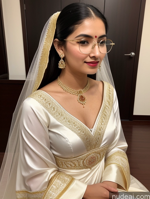 ai nude image of araffe woman in a white and gold wedding dress with a veil pics of Sorority Thin Round Glasses Traditional Stylish Sari Angel One Beautiful Fairer Skin Perfect Body Lipstick 18 Black Hair Ponytail Indian Skin Detail (beta) Diamond Jewelry Gold Jewelry Jewelry Cleavage Detailed Simple Wedding