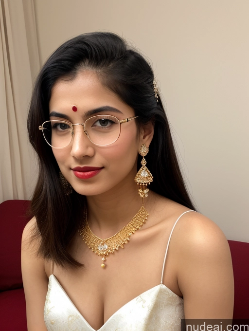 ai nude image of arafed woman wearing a white dress and gold jewelry pics of Sorority Thin Round Glasses Traditional Stylish Sari Angel One Beautiful Fairer Skin Perfect Body Lipstick 18 Black Hair Ponytail Indian Skin Detail (beta) Diamond Jewelry Gold Jewelry Jewelry Cleavage Detailed Simple Wedding