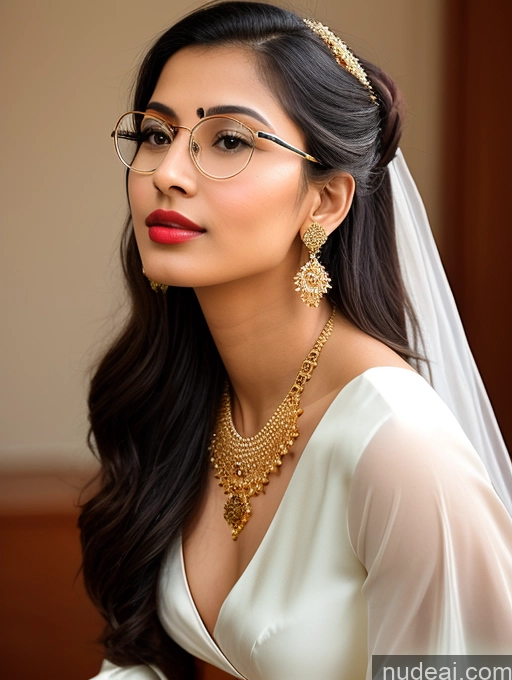 ai nude image of bride wearing glasses and a veil with a gold necklace and earrings pics of Sorority One Beautiful Lipstick Perfect Body Fairer Skin 18 Black Hair Ponytail Indian Skin Detail (beta) Angel Sari Stylish Traditional Wedding Cleavage Diamond Jewelry Gold Jewelry Jewelry Detailed Simple Thin Round Glasses