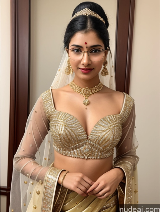 ai nude image of araffed woman in a gold and white sari posing for a picture pics of Sorority One Beautiful Lipstick Perfect Body Fairer Skin 18 Black Hair Ponytail Indian Skin Detail (beta) Angel Sari Stylish Traditional Wedding Cleavage Diamond Jewelry Gold Jewelry Jewelry Detailed Simple Thin Round Glasses