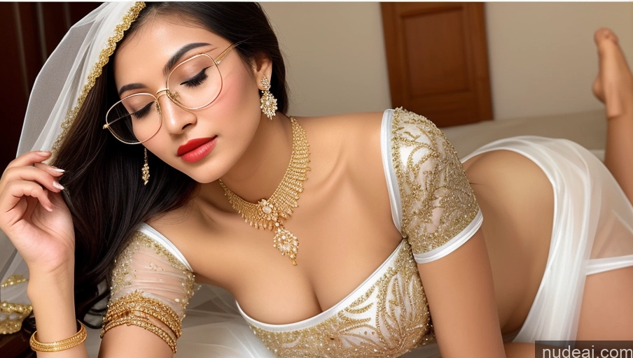 ai nude image of araffe woman in a white and gold outfit laying on a bed pics of Sorority One Beautiful Lipstick Perfect Body Fairer Skin 18 Black Hair Ponytail Indian Skin Detail (beta) Sari Stylish Traditional Wedding Cleavage Diamond Jewelry Gold Jewelry Jewelry Thin Round Glasses Transparent Partially Nude Angel Detailed Sleeping