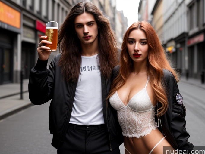 ai nude image of they are two people standing on the street holding a beer pics of Small Ass Pubic Hair Skinny Small Tits Lipstick 18 Ahegao Ginger Several Long Hair Russian 3d Street Front View Spreading Legs Bomber Wedding Transparent Beer Dark Lighting Detailed Alternative Woman + Man