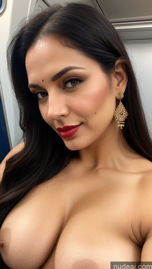 ai nude image of a close up of a woman with a big breast posing for a picture pics of Woman One Busty Beautiful Lipstick Fairer Skin 40s Black Hair Slicked Close-up View Sari Cleavage Detailed Train Skin Detail (beta)