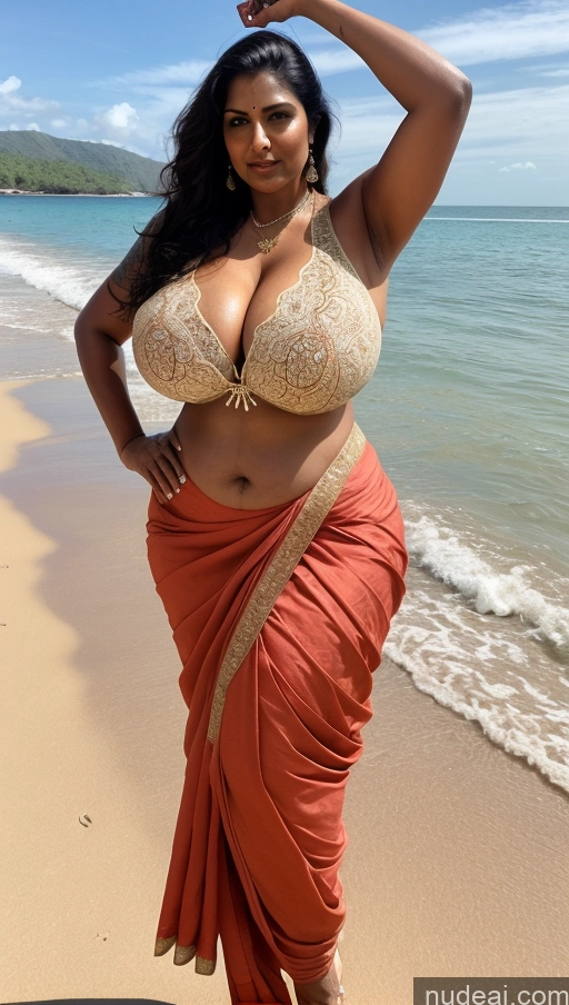 ai nude image of araffe woman in a sari posing on the beach pics of Milf Huge Boobs Beautiful Big Ass Thick Tall Dark Skin Indian Sexy Face Big Hips T-pose Tattoos Busty Chubby Fat Blouse Sari Beach Front View 70s Black Hair