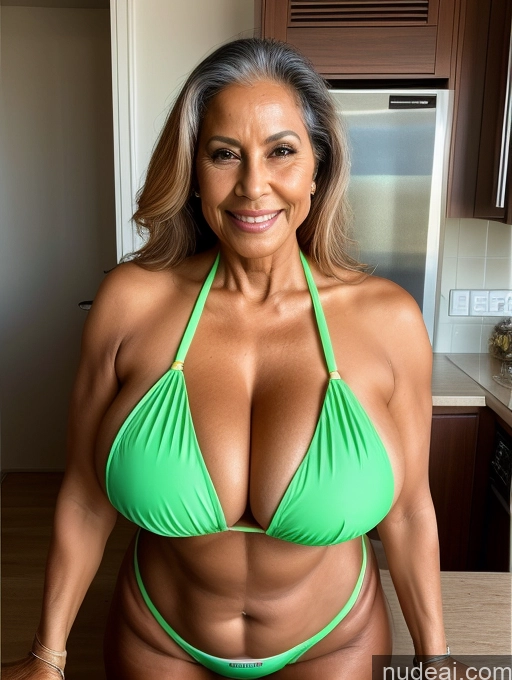 ai nude image of arafed woman in a green bikini posing for a picture pics of One Busty Huge Boobs Tanned Skin 70s Brazilian Front View Microkini Thong Waitress