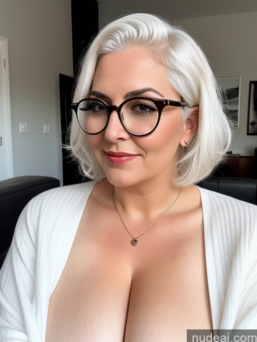 ai nude image of blond woman with glasses and a white sweater posing for a picture pics of Busty Thin Round Glasses White Hair Slicked