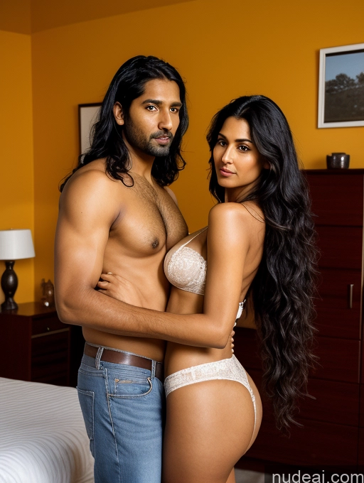 ai nude image of there is a man and woman posing in a bedroom together pics of Tall 30s 40s Film Photo Skin Detail (beta) Front View Detailed Busty Perfect Boobs Beautiful Big Ass Abs Perfect Body Sexy Face Seductive Indian Bedroom Black Hair Long Hair Woman + Man Several Blouse