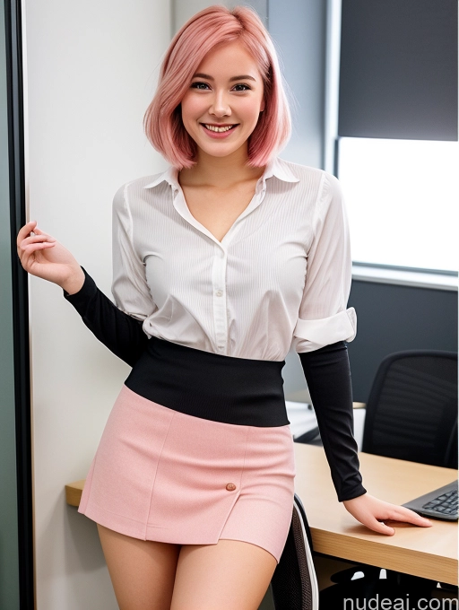 ai nude image of there is a woman with pink hair posing in front of a computer pics of 18 Happy Pink Hair Bobcut French Mini Skirt Thigh Socks Office Blouse