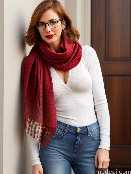 ai nude image of arafed woman wearing glasses and a red scarf leaning against a wall pics of Woman Two Lipstick Small Ass Abs Tall Pubic Hair Fairer Skin 20s Indian Front View Scarf Jeans Glasses Perfect Boobs Ginger Bobcut