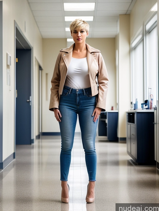 ai nude image of there is a woman standing in a hallway with a jacket on pics of Woman Thick Blonde Pixie German Dark Fantasy Hospital Front View T-pose Nude Perfect Boobs Jeans Jacket 30s Sexy Face Tall High Heels