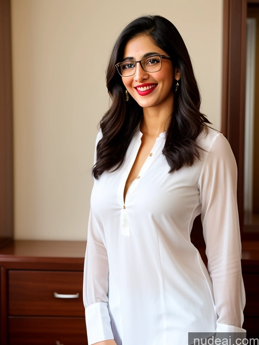 ai nude image of smiling woman in white shirt and glasses standing in front of a dresser pics of Woman Lipstick Abs Tall Pubic Hair Fairer Skin 20s Happy Black Hair Indian Front View One Glasses Bobcut Big Ass Thick Perfect Boobs Salwar